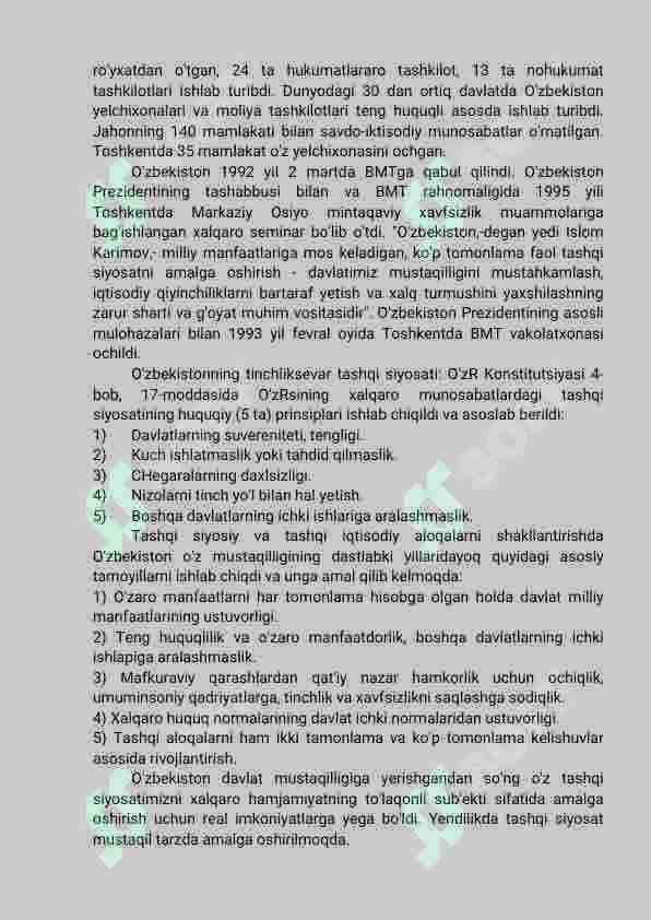 O'zbekistonning xalqaro aloqalari va jahon hamjamiyatidagi o'rni 4