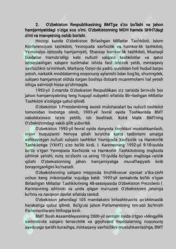 O'zbekistonning xalqaro aloqalari va jahon hamjamiyatidagi o'rni 5