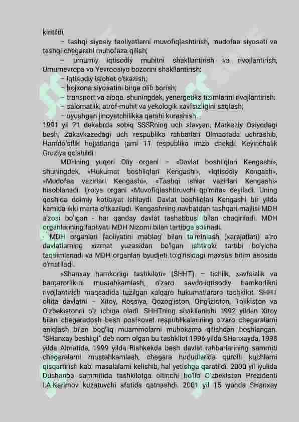 O'zbekistonning xalqaro aloqalari va jahon hamjamiyatidagi o'rni 8