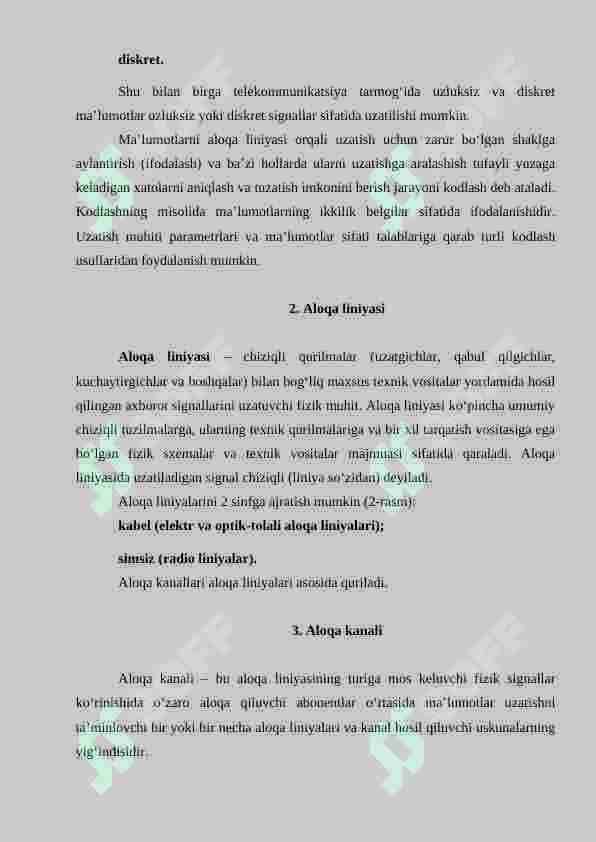 ALOQA TEXNIKASINING ASOSIY TUSHUNCHALARI. TELEKOMMUNIKATSIYA TARMOG'I, ALOQA TIZIMLARINI TURLARI, TAVSIFLARI. MODULYATSIYA, MULTIPLEKSLASH USULLARI. 4