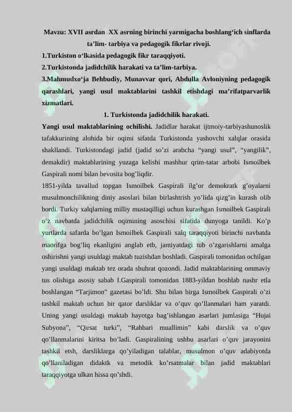 XVII asrdan XX asrning birinchi yarmigacha boshlang‘ich sinflarda ta’lim- tarbiya va pedagogik fikrlar rivoji