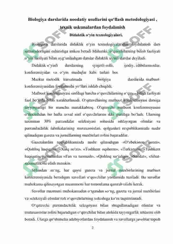 Biologiya darslarida noodatiy usullarini qoʻllash metodologiyasi , texnik uskunalardan foydalanish 2