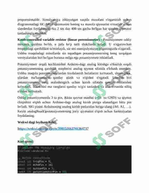Masofa sensor (Ultrasonik sensor) ni tugma orqali yoqish va masofaga qarab ton almashishini potensiometrda boshqarish. 3