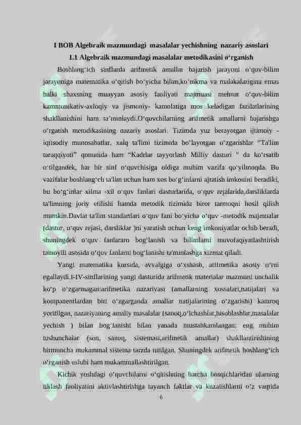 Algebraik mazmundagi masala va ularni o`rganish metodikasi. (1-4 sinf misolida) 6