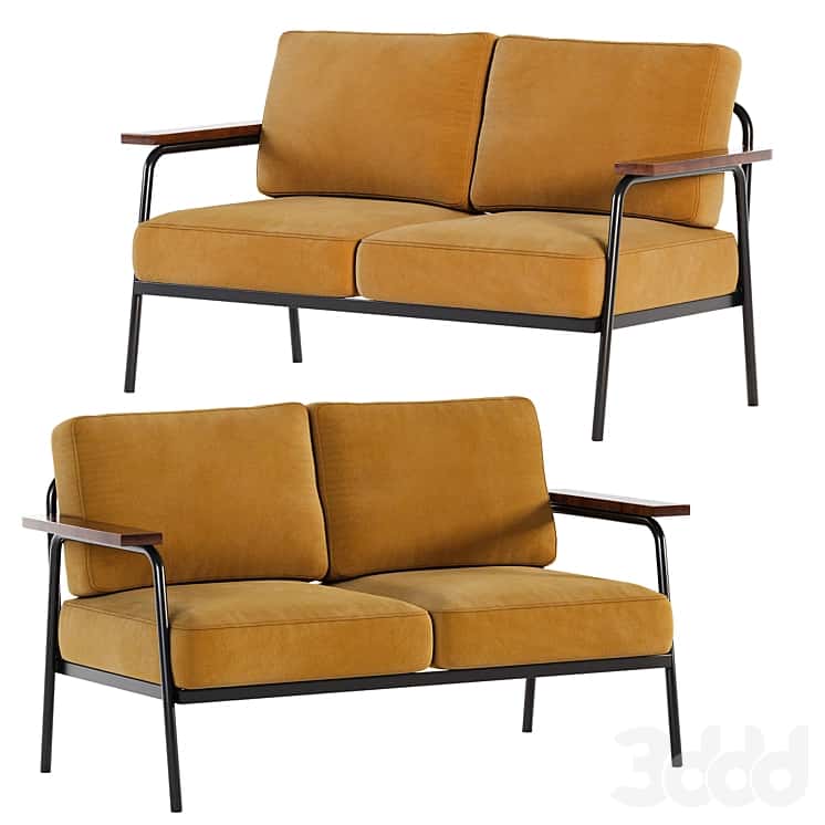 Mid Century Modern Loveseat with 2 Pillows Back and Square Arms 1
