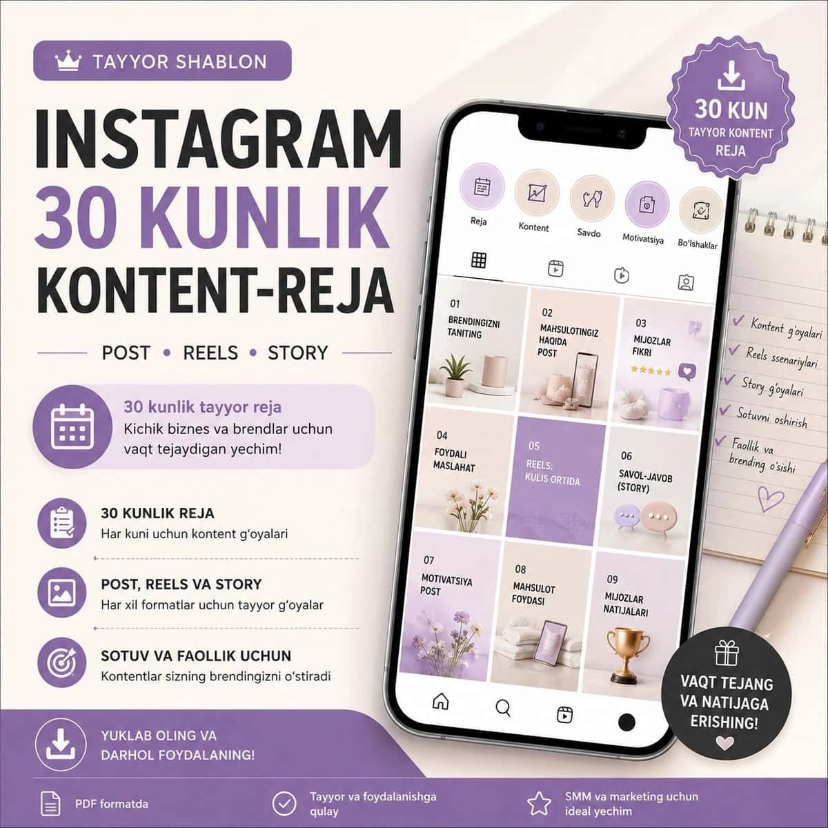 Instagram uchun 30 kunlik tayyor kontent-reja | Post, Reels va Story g'oyalari 1