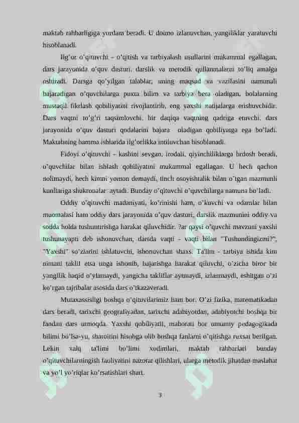 Tarbiya darslarida o’qituvchini o’z ustida ishlash jarayoni 3