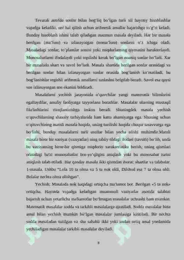 2-sinflarga matematikadan sodda va murakkab masalalarni yechishga o‘rgatish metodikasi 8