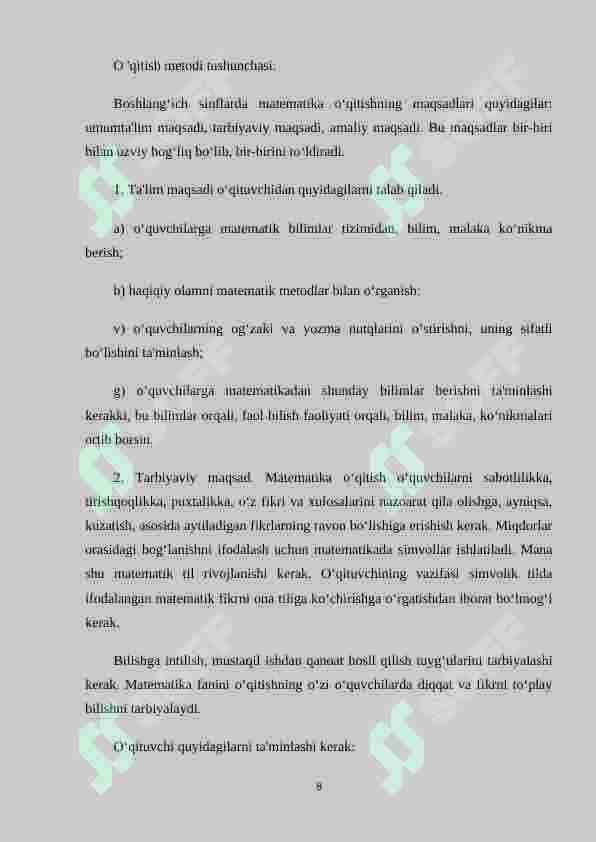 Boshlang‘ich sinflarda matematika o‘qitishning psixologik asoslarini o‘rganish metodikasi 8