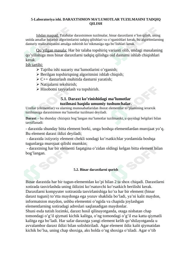 Muvozanatlangan binar daraxtlar ustidagi amallar. MERGE va SPLIT operatorlar to’plami. MERGE va SPLIT operatorli ma’lumotlarni apstrakt turlariga doir misollar. 1