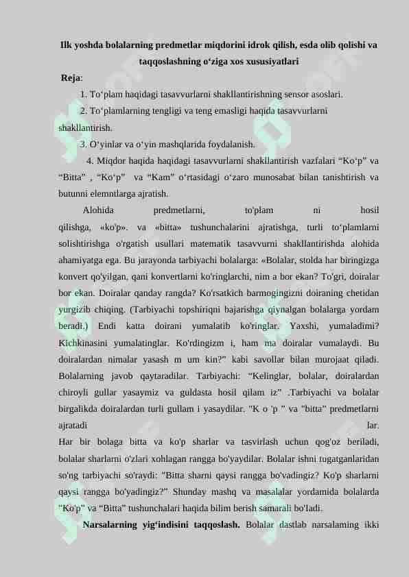 Ilk yoshda bolalarning predmetlar miqdorini idrok qilish, esda olib qolishi va taqqoslashning o‘ziga xos xususiyatlari