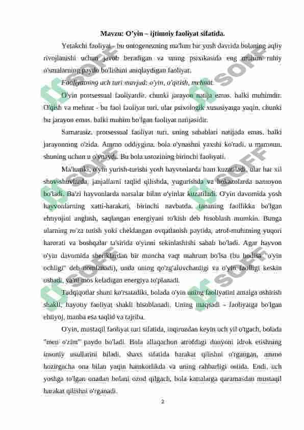O’yin – ijtimoiy faoliyat sifatida. 2