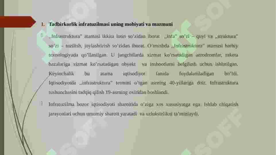 Kichik biznes va tadbirkorlik subyektlariga xizmat ko’rsatuvchi bozor infratuzilmalari. 4
