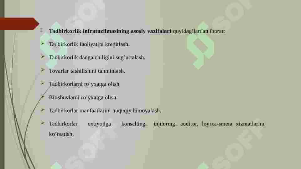 Kichik biznes va tadbirkorlik subyektlariga xizmat ko’rsatuvchi bozor infratuzilmalari. 7
