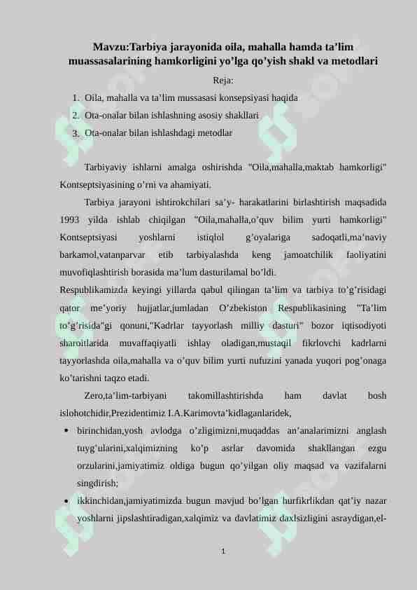 Tarbiya jarayonida oila, mahalla hamda ta’lim muassasalarining hamkorligini yo’lga qo’yish shakl va metodlari