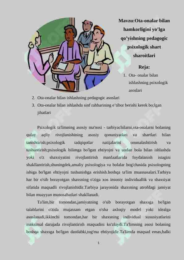 Ota-onalar bilan hamkorligini yo’lga qo’yishning pedagogic psixologik shart sharoitlari