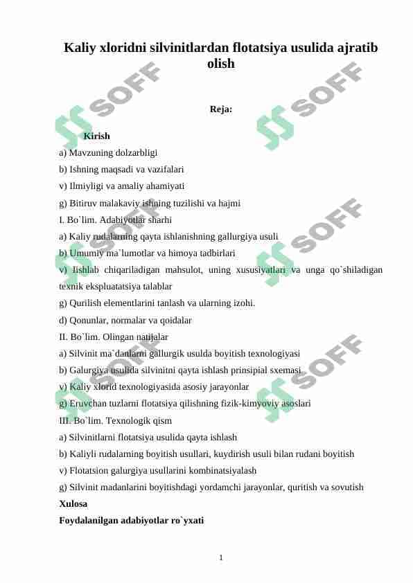 Kaliy xloridni silvinitlardan flotatsiya usulida ajratib olish