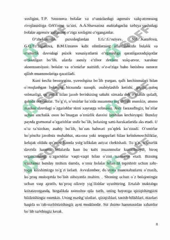 O'smirlik davrida psixik rivojlanish xususiyatlari 8