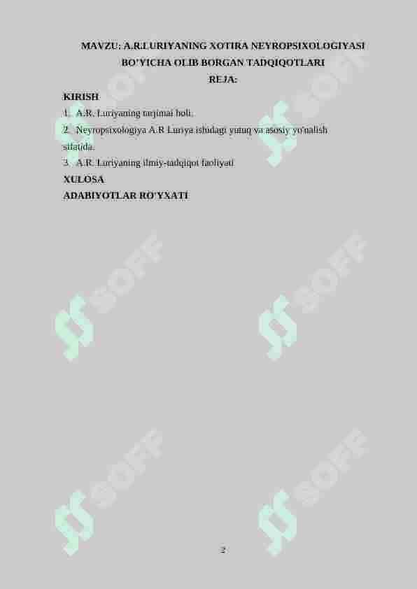 A.R.LURIYANING XOTIRA NEYROPSIXOLOGIYASI BO’YICHA OLIB BORGAN TADQIQOTLARI 2