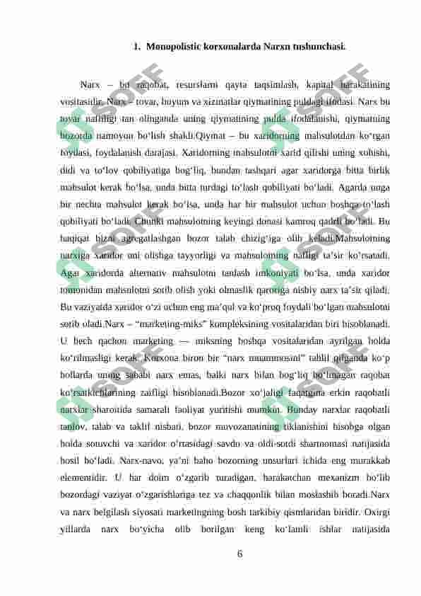 Monopolistik korxonalarning narx siyosati va foydasini maksimallashtirish sharti 6