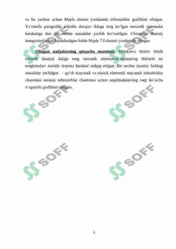 Erkinlik darajasi ikkiga teng sistemalar. Harakat tenglamalarining umumlashgan koordinatalardagi ifodasi. 5