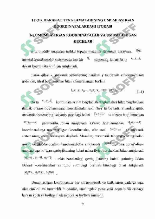 Erkinlik darajasi ikkiga teng sistemalar. Harakat tenglamalarining umumlashgan koordinatalardagi ifodasi. 6