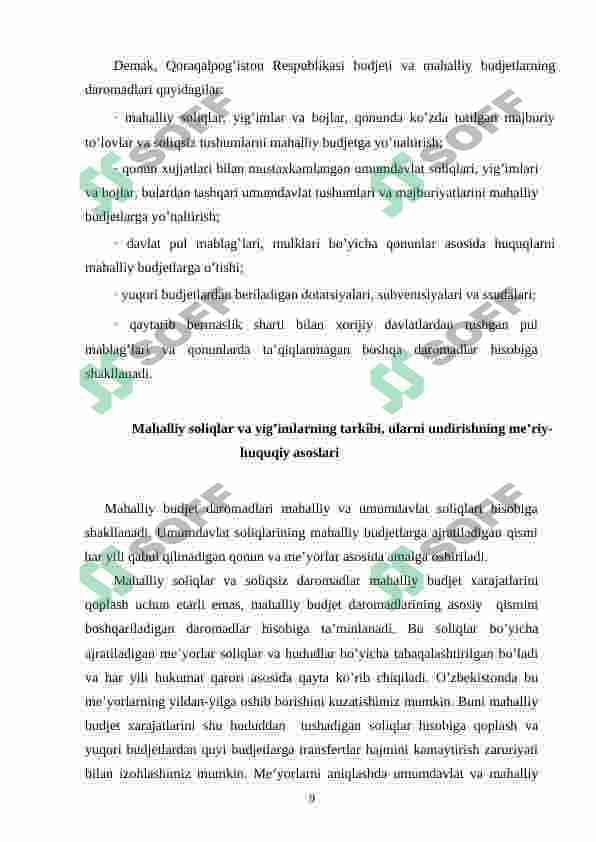 Mahalliy byudjetlar daromadlarining shakllanishida umumdavlat soliqlarining o'rni va ahamiyati 8