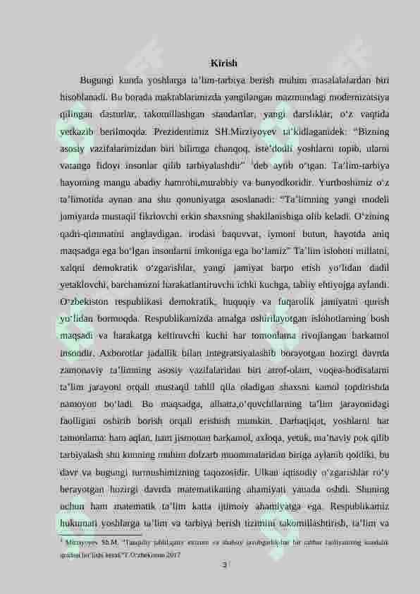 3- sinfda sinfdan tashqari ishlarni tashkil qilish orqali o‘quvchilarning  matеmatik qobilyatlari rivojlantirish. 3