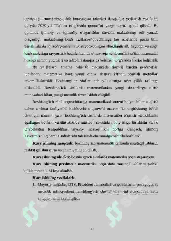 3- sinfda sinfdan tashqari ishlarni tashkil qilish orqali o‘quvchilarning  matеmatik qobilyatlari rivojlantirish. 4