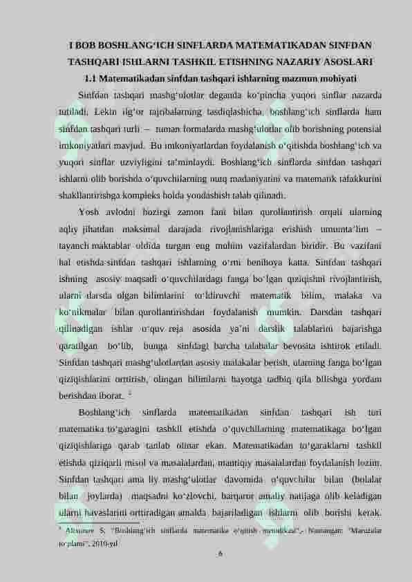 3- sinfda sinfdan tashqari ishlarni tashkil qilish orqali o‘quvchilarning  matеmatik qobilyatlari rivojlantirish. 6
