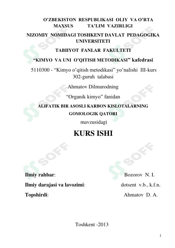 ALIFATIK BIR ASOSLI KARBON KISLOTALARNING GOMOLOGIK QATORI 1