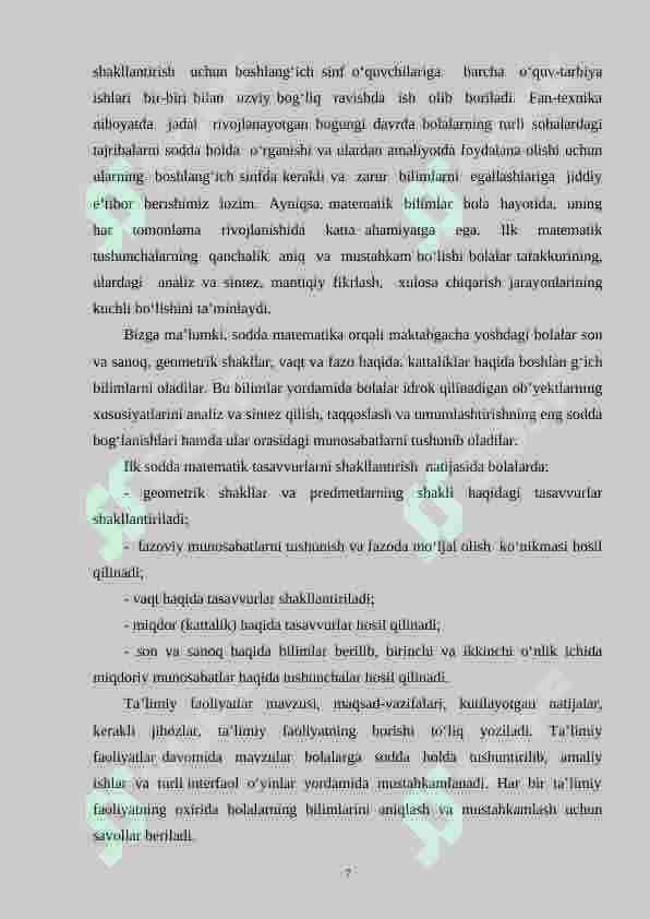 O‘quvchilarda elеmеntar matеmatik tasavvurlarni shakllantirishni rеjalashtirish 7