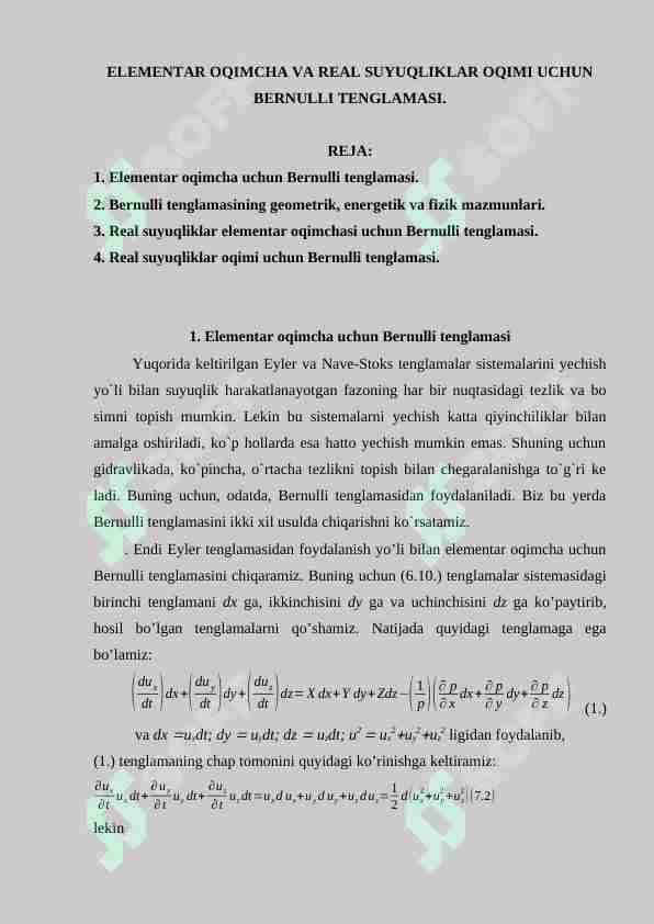 ELEMENTAR OQIMCHA VA REAL SUYUQLIKLAR OQIMI UCHUN BERNULLI TENGLAMASI.