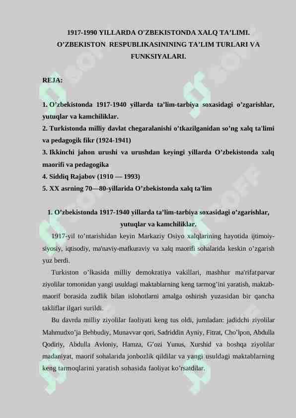 1917-1990 YILLARDA O'ZBEKISTONDA XALQ TA’LIMI. O’ZBEKISTON RESPUBLIKASININING TA’LIM TURLARI VA FUNKSIYALARI