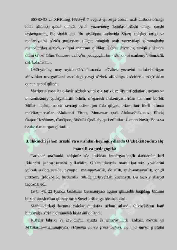 1917-1990 YILLARDA O'ZBEKISTONDA XALQ TA’LIMI. O’ZBEKISTON RESPUBLIKASININING TA’LIM TURLARI VA FUNKSIYALARI 6