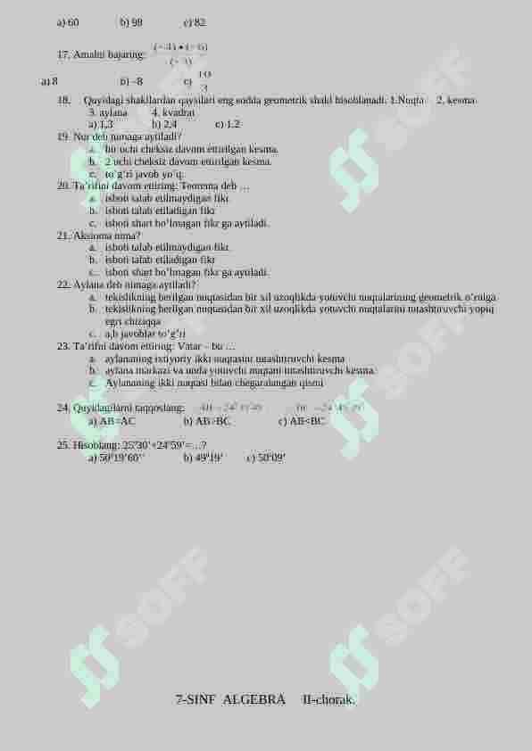 7-sinf matematika fanidan testlar 2