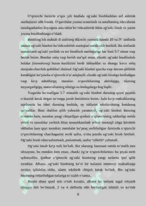 Boshlang‘ich sinf o‘quvchilarining og‘zaki va yozma hisoblash malakalarini shakllantirish metodikasi 8