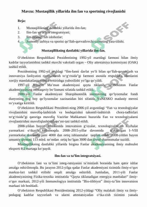 Mustaqillik yillarida ilm fan va sportning rivojlanishi