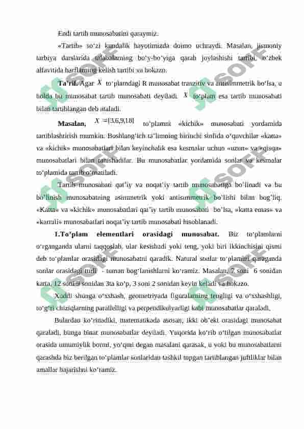 Ekvivalentlik munosabati. Turli tipdagi to‘plamlarda munosabatlar (do’stlik munosabati, qarindoshlik munosabati) 7