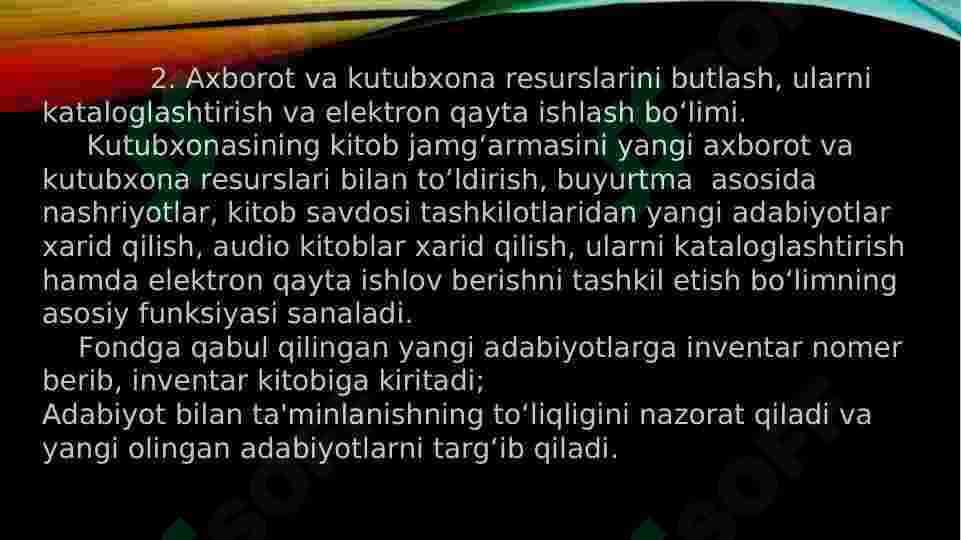 Kutubxona tashkiliy tuzulmasi undagi turli bo’limlari faoliyati 4