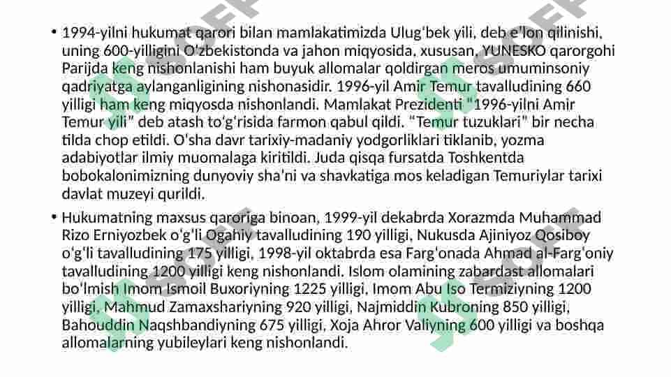 Tarixiy shaharlar (Buxoro, Samarqand, Marg‘ilon, Qarshi, Toshkent, Xiva, Shahrisabz) yubileylarining xalqaro miqyosda keng nishonlanishi 3