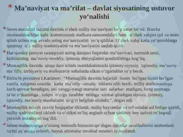 Ma'naviy hayotdagi o‘zgarishlar, madaniy taraqqiyot muammolari 2