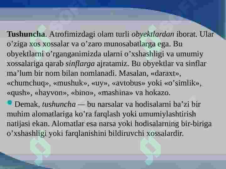 Matematik tushuncha . Tushunchaning hajmi va mazmuni . Tushunchani taʼriflash usullari va ularga misollar. 3