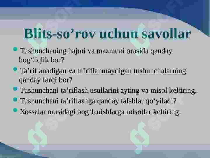 Matematik tushuncha . Tushunchaning hajmi va mazmuni . Tushunchani taʼriflash usullari va ularga misollar. 4