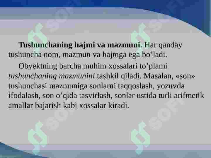 Matematik tushuncha . Tushunchaning hajmi va mazmuni . Tushunchani taʼriflash usullari va ularga misollar. 7