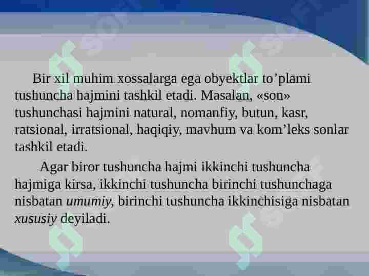 Matematik tushuncha . Tushunchaning hajmi va mazmuni . Tushunchani taʼriflash usullari va ularga misollar. 8