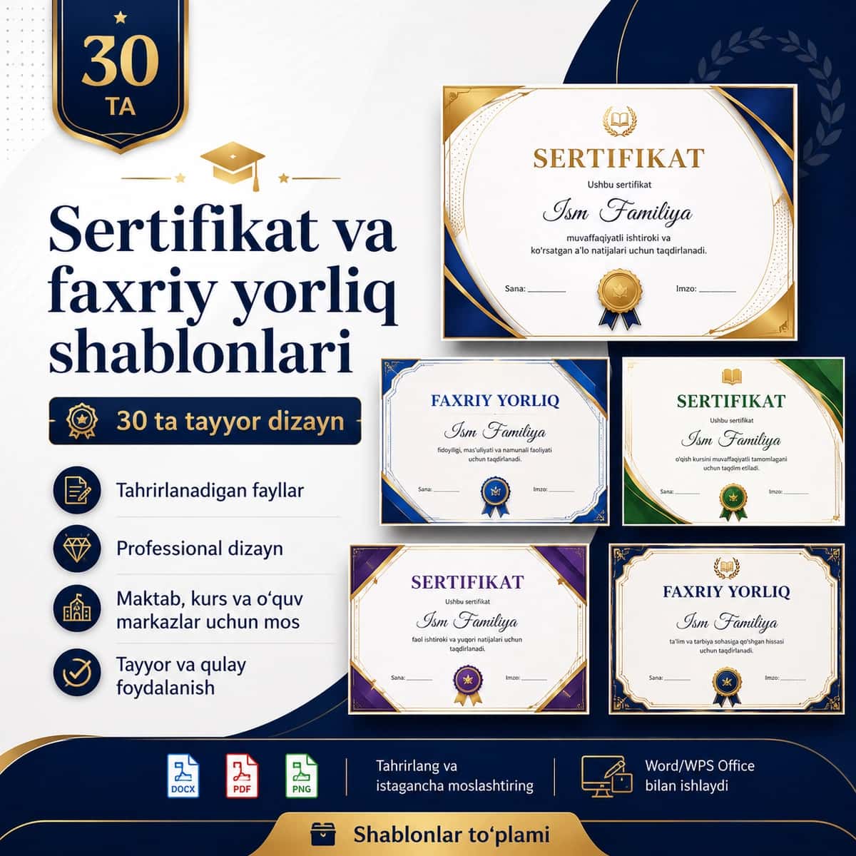 Sertifikat va faxriy yorliq shablonlari — 30 ta tayyor dizayn 1