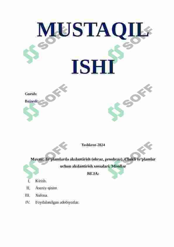 To‘plamlarda akslantirish (obraz, proobraz). Chekli to‘plamlar uchun akslantirish xossalari. Misollar 2