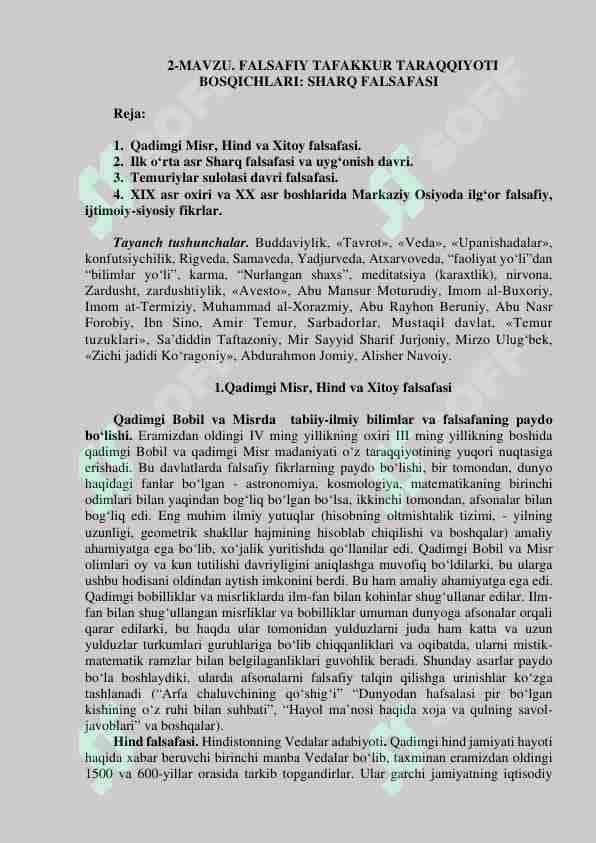 FALSAFIY TAFAKKUR TARAQQIYOTI BOSQICHLARI: SHARQ FALSAFASI