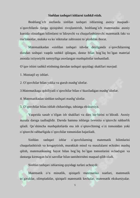 Sinfdan tashqari ishlarni tashkil etish.